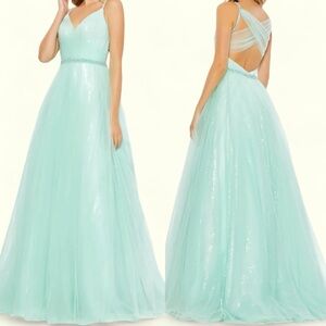 Mac Duggal 67565 | V-Neck Tulle Ballgown with Embellished Belt | Mint Green | 10